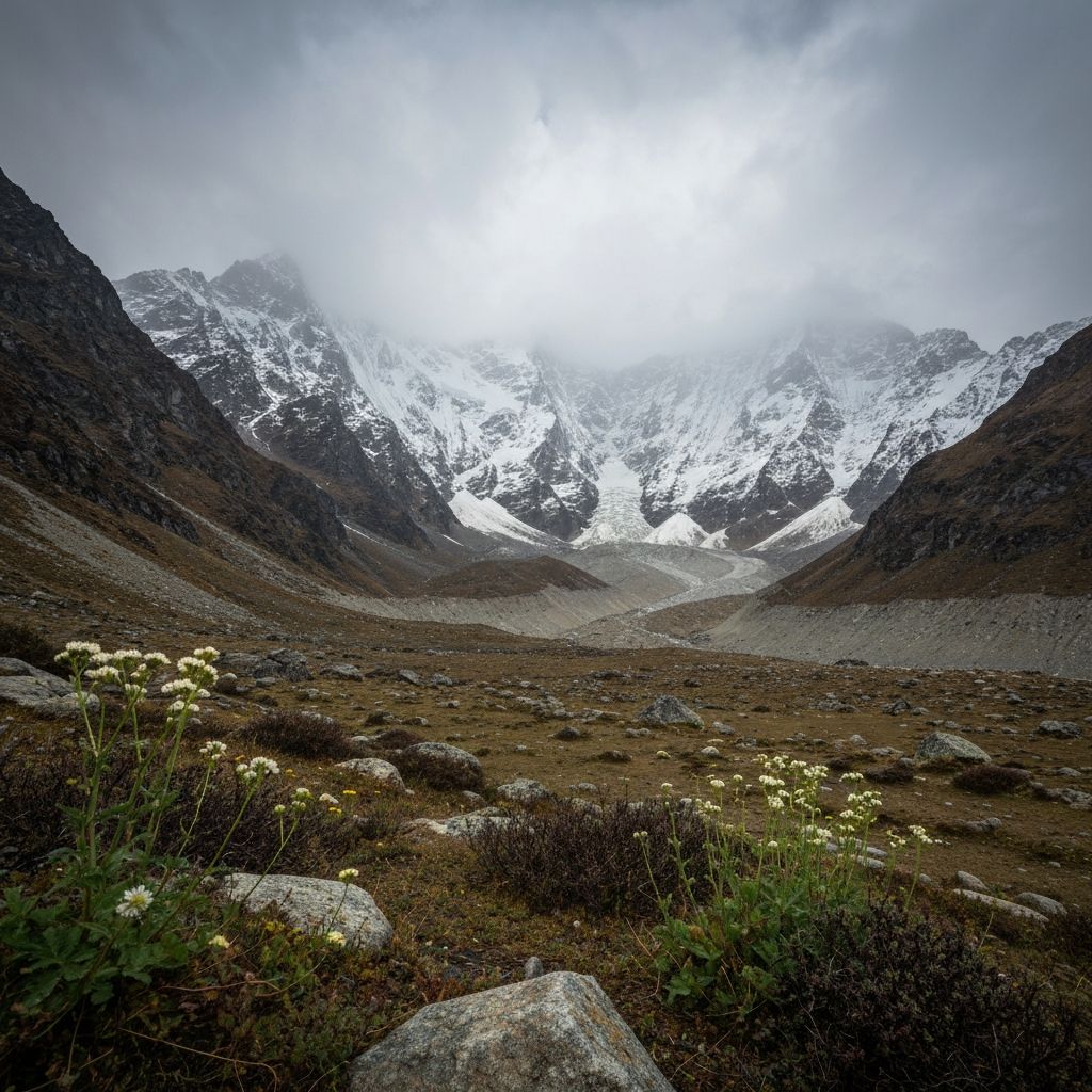 Mountain landscape with botanical elements